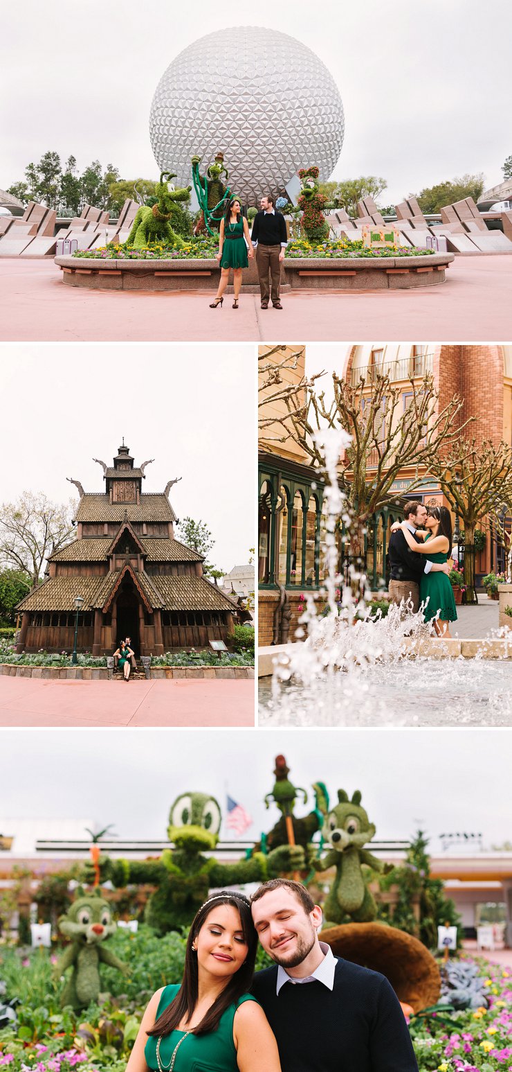 Couple posing in front of Epcot for their Disney Engagement Session