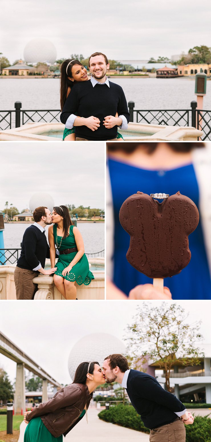 Couple sitting by Epcot late for their Disney World Engagement Session